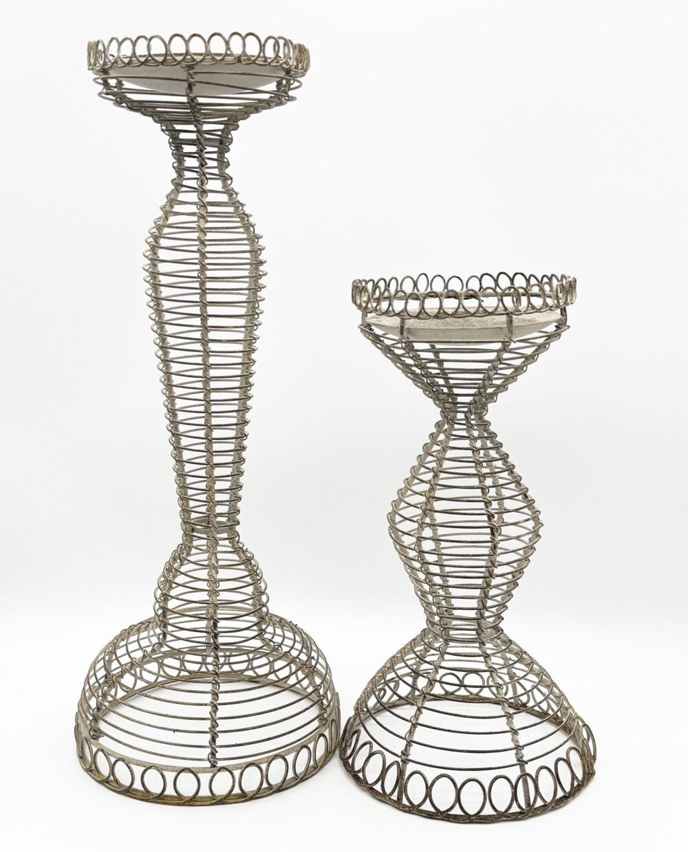 Vintage Set 2 Wrought Iron Wire Wrapped Pillar Candle Holders Rustic 14" 9.5"
